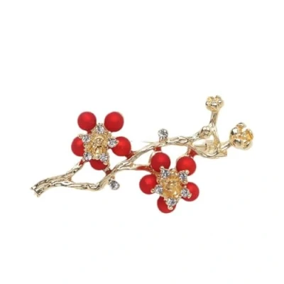 Image of Red Plum Blossom Brooch Crystal Flower Pin Beautiful Created Rhinestone Floral For Women Wedding Party Clothing Jewelry Accessories