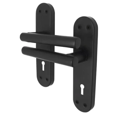 Image of EAI Black Door Handles for Key Lock 1 Pair of Matt Internal Lever T Bar on Backplate Oliena Range