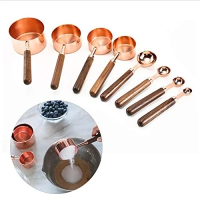 Image of Stainless Steel Measuring Cups and Spoons Set with Walnut Handle for Baking Rose Gold (Measuring Spoons)
