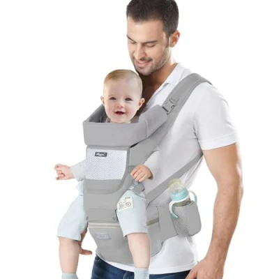 Image of IULONEE Newborn Baby Carrier with Hip Seat Ergonomic Infant Adjustable Multifunctional Front and Back Carry for Childs Toddler 3 Months to Years(7 45lbs) Grey