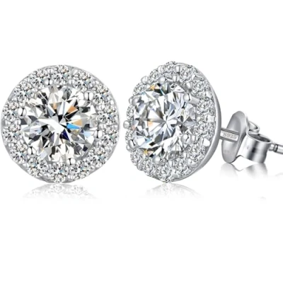 Image of Halo Diamond Earrings for Women 925 Sterling Silver Stud Fake Studs White Gold Cubic Zirconia Hypoallergenic Crystal 10mm
