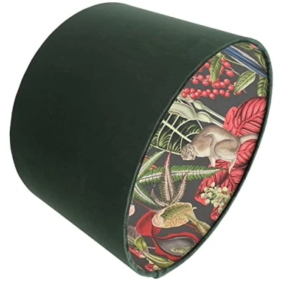 Image of Dark Green Velvet Tropical Jungle Lampshade Ceiling Light Shade Animal Bird Monkey Floral Botanical Leaf