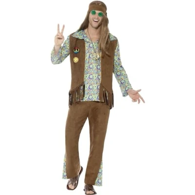 Image of Smiffys 60s Hippie Costume, with Trousers, Top, Waistcoat, Medallion &amp; Headband, 1960&#039;s Groovy Fancy Dress, 1960s Dress Up Costumes
