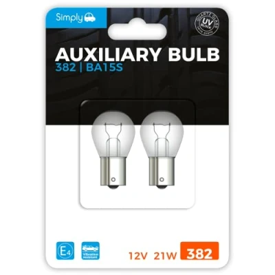 Image of Simply S382BL 382 (P21W) Auxiliary Bulb Blister, 12V 21W, Base BA15S, High Performance and Maximum Visility, Provide Drivers with more time to React Changes in Traffic Situations