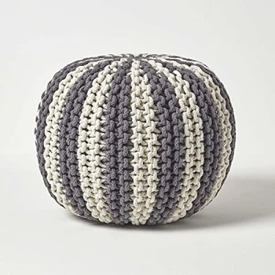 Image of HOMESCAPES Off White and Grey Knitted Pouffe 100% Cotton Round Bean Filled Striped Footstool 40 x 35 cm