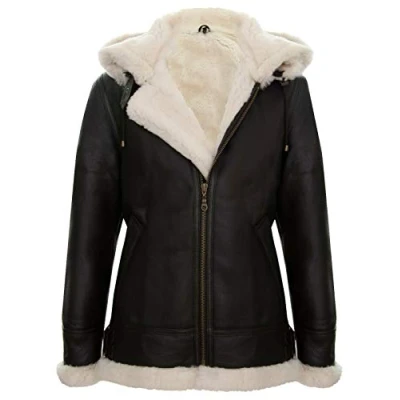 Image of Men&#039;s Genuine Ginger Brown Leather Sheepskin Flying Hooded Bomber B3 Aviator Pilot Jacket L