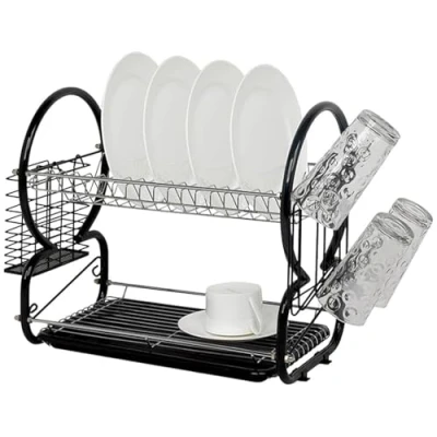 Image of Easylife Compact 2 Tier Dish Drainer Rack (Black). Durable Steel Drying (L43 x W24 H38cm), with Drip Tray, Sink Cutlery Basket Fully Guaranteed