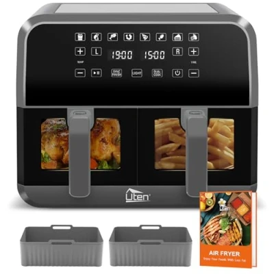 Image of Uten Dual Air Fryer with 2 Visual Window, 8L Basket, 8 Cooking Presets, Energy Saving, Cook and Sync Finish Functions, Dishwasher Safe, 114 Recipe, Silicone Liners, 1700W