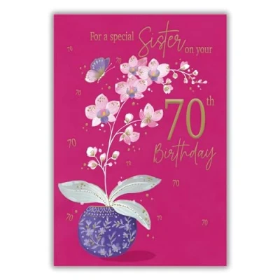 Image of Sister 70th Birthday Card Age 70 Orchid Plant and Butterfly Floral Design Special Finishes Illustrated Insert Leaf Made in the UK Eco Friendly