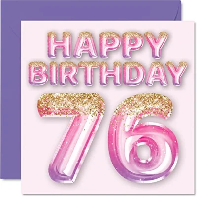 Image of 76th Birthday Card for Women Pink &amp; Purple Glitter Balloons Happy Cards 76 Year Old Woman Mum Great Nanny Grandma Gran, 145mm x Seventy Six Sixth Greeting Gift