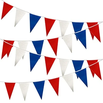 Image of 10M/33ft Red White and Blue Fabric Bunting Garland 20 Flags King’s Coronation Union Jack French Banner Pub BBQ Royal Events Support Party Decorations