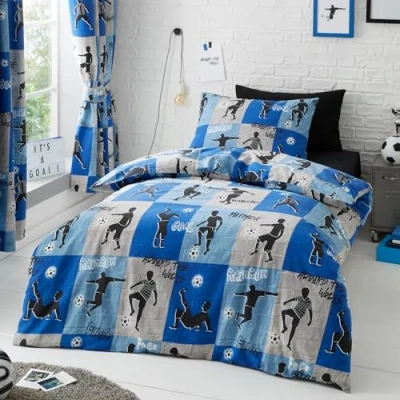 Image of Happy Linen Company Boys Girls Kids Freestyle Football Tricks Blue Double Reversible Duvet Cover Bedding Set
