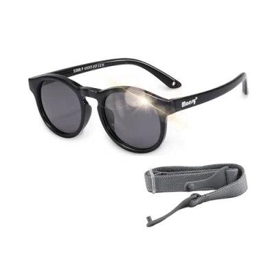 Image of Maesy Baby Sunglasses Bowi 1 3 Years Flexible Bendable Adjustable Elastic Band Polarised UV400 Protection Boys and Girls Round (Black)