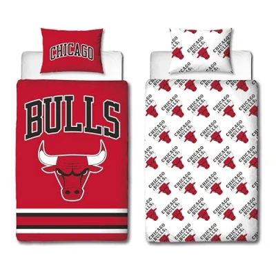 Image of Character World NBA Officially Licensed Single Duvet Cover Set Chicago Bulls Design Reversible 2 Sided Red Basketball Bedding Including Matching Pillow Case Perfect For Kids Bedroom