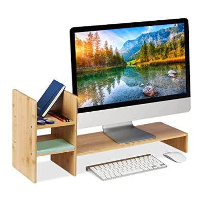 Image of Relaxdays Bamboo Monitor Stand, Screen Raiser for Desk Display, HWD: 30 x 67 20 cm, Ergonomic, 4 Compartments, Natural