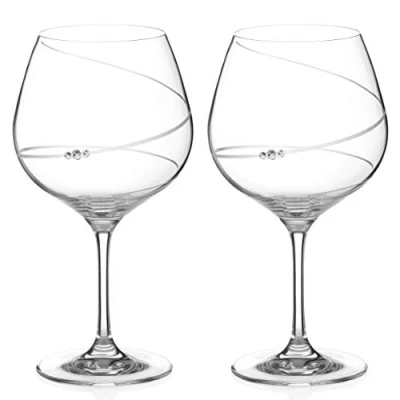 Image of DIAMANTE Swarovski Gin Copa Glasses Pair &#039;Toast Swirl&#039; Adorned with Crystals Burgundy Gift Box