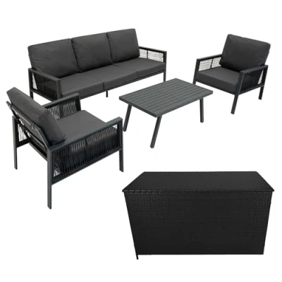 Image of MonsterShop Aluminium 4 Piece Sofa Set with Black Rattan Storage Box Anthracite Grey