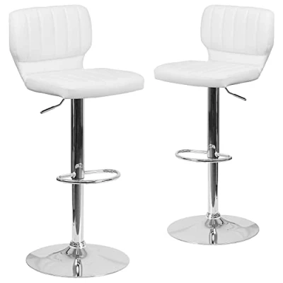 Image of Flash Furniture 2 Pack Contemporary Adjustable Height Barstool with Vertical Stitch Back and Chrome Base, Plywood, Metal, Foam, White Vinyl, Set of