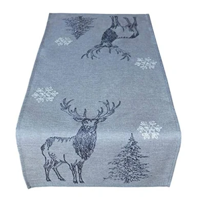 Image of Raebel Table Runner 40 x 85 cm Embroidery Elk Trees Snow Stars Grey White Silver Cloth Christmas Decoration