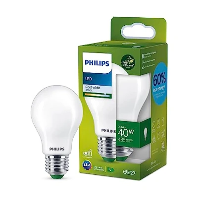 Image of PHILIPS Ultra Efficient Energy Saving Lights, LED Light Source, 40W, A60, E27, Cool White 4000 Kelvin, Frosted