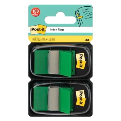 Image of Post it Index Flags, Medium, Green, 2 Dispensers 25.4 mm x 43.2 mm, 100 Flags To Mark, Highlight or Color Code Important Information