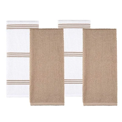 Image of 100% Cotton Terry Tea Towel Tan Plain &amp; Stripe Pattern, Pack of 4 Kitchen Set Absorbent, Strong, Quick Dry Machine Washable Home Bathroom Accessories