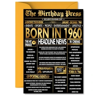 Image of Gold 65th Birthday Card for Men Women Black &amp; Golden Newspaper Born in 1960 Happy 65 Cards Husband Nan Grandad Brother Sister Auntie, A5 Bday Greeting