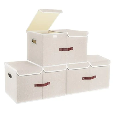 Image of TYEERS Extra Large Storage Box with Lids and Compartments, Collapsible, Washable, Fabric Lid for Clothes, Wardrobe Storage, 55x33x30 cm, Set of 3, Beige