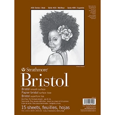 Image of Strathmore 400 Series Bristol Paper Pad, Smooth, Tape Bound, 9x12 inches, 15 Sheets (2 ply) Artist for Adults and Students Markers, Pen Ink