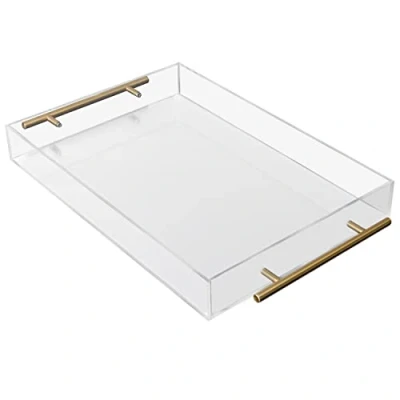 Image of Kurtzy Clear Acrylic Plastic Serving Tray with Gold Handles L46 x W27.5cm / 18.11 10.82 Inches Large Rectangle Decorative Spill Proof Table Organiser Tea/Coffee, Drinks, Breakfast &amp; Food