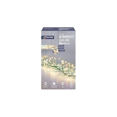 Image of Premier Decorations Warm White 860 Large Pin Wire LED Ultrabrights Garland Green Lights with Timer Function Indoor/Outdoor Use