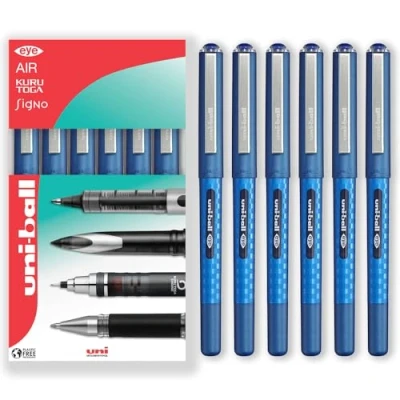 Image of uni ball EYE UB 157D Liquid Ink Rollerball Pens 0.7mm Nib In Gift Box (Pack of 6, Blue)