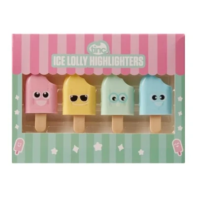 Image of Tinc Ice Lolly Shaped Coloured Highlighter Pens For Kids use at School &amp; Homework Four Funky Colours Yellow, Green, Blue and Pink