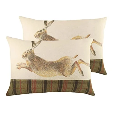 Image of Evans Lichfield Hunter Leaping Hare Twin Pack Feather Filled Cushions, Multi, 40 x 60cm