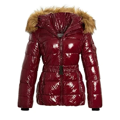 Image of SS7 Womens Wet Look Puffer Coat with Faux Fur (10, Wine)
