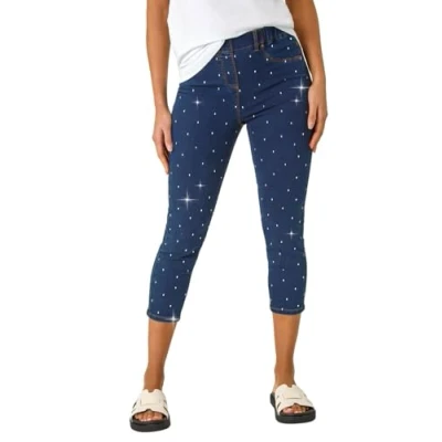 Image of Roman Originals Cropped Jeggings for Women UK Ladies Capri Stretchy Jeans Denim Legging Cotton Summer Trouser Three Quarter 3/4 Length Pull On Cut Off High Waist Smart Sparkly Indigo Size 16