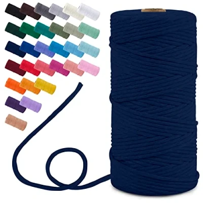Image of Uiopa Macrame Cord 3mm x 100m, Single Strand Yarn Thick Thread Natural Cotton Cord, Coloured Craft String for DIY Crafts, Wall Hanging, Plant Hanger, Tassels (Dark Blue)