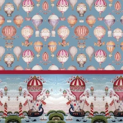 Image of Melody Jane Dolls House Wallpaper Vintage Hot Air Balloons &amp; Nautical Scene Miniature Print