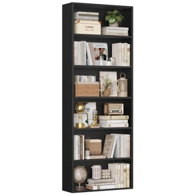 Image of FirFurd Bookcase 6 Tiers Bookshelf Black Tall Display Shelf Freestanding Wooden Storage Unit for Living Room Bedroom Office 60x23.5x180cm