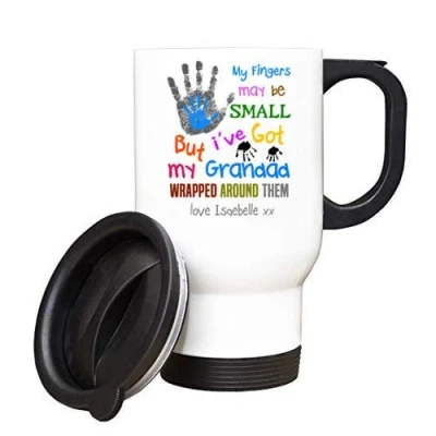 Image of Personalised My Fingers May Be Small But I&#039;ve Got Grandad/Grandma/Any Name Themed 14 oz Travel Mug. (White Mug)