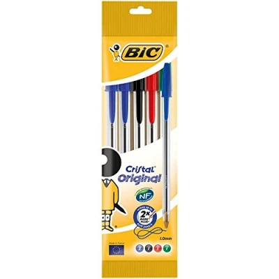Image of BIC Cristal Original Ballpoint Pens Medium Point (1.0 mm) â“ Assorted Colours, Pouch of 5