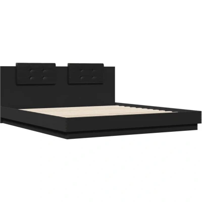Image of vidaXL Modern Black Bed Frame &amp; Headboard Double 160x200 cm Engineered Wood Faux Leather with Plywood Slats for Bedroom Comfort