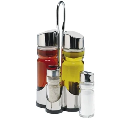 Image of LS Kitchen Glass Oil and Vinegar Set Cruet Salt Pepper Shakers &amp; Bottles Stand 4 Pieces