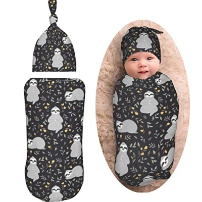 Image of XVBCDFG Cute Baby Sloths Newborn Swaddle Blanket Soft Unisex Infant Wrap Receiving with Beanie Hat for Boy and Girl