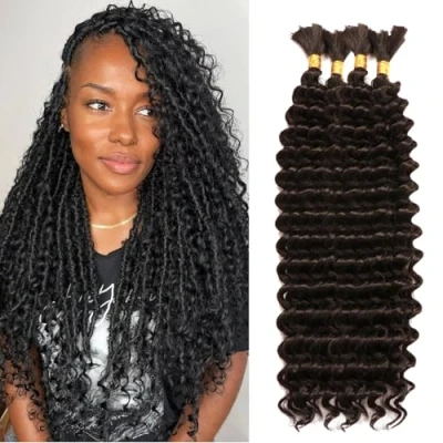 Image of Deep Wave Bulk Hair For Braiding Wet And Wavy Quality Synthetic Bohemain Knotless Boho Braids Water Curly (1B#, 18 inch (4 Bundles))