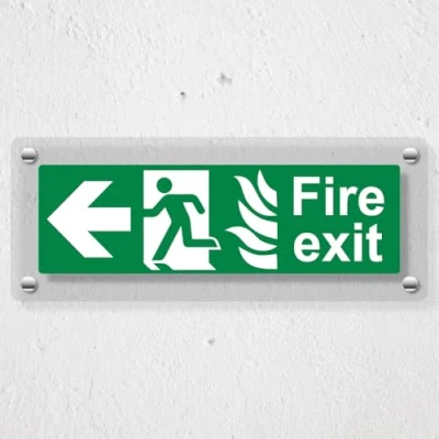 Image of V Safety NHS Fire Exit Arrow Left 450 x 150 mm Acrylic Perspex Cast Clear Sign