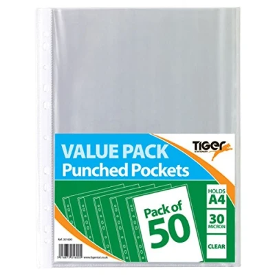 Image of 50 x A4 Glass Clear Plastic Wallets Punched Poly Pocket Paper Document Files