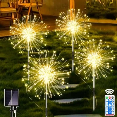 Image of Joycome Solar Garden Lights 4 x 120 LED Firework Outdoor Garden, 8 Modes Pathway Waterproof Dandelion for Patio FlowerBoxes Party Decorations Warm White