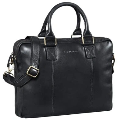 Image of STILORD &#039;Zacharias&#039; Vintage Business Bag Leather Portfolio Satchel Teacher&#039;s Large XL 15.6 Inch Laptop Shoulder Attachable for Trolleys Genuine Leather, Colour:Black