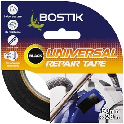 Image of Bostik Universal Repair Tape Black Strong Duct Perfect For Any Substrate Easy To Tear Indoor Use Only 50mm x 20m Roll